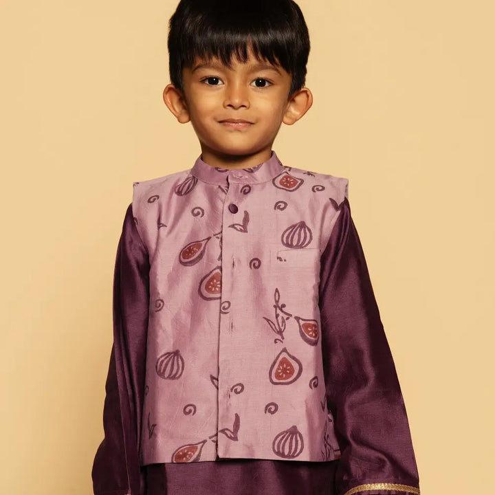 Dulaar Chanderi Kurta Pyjama &amp; Bandi Set | Hand-Block Printed - Meetha Anjeer