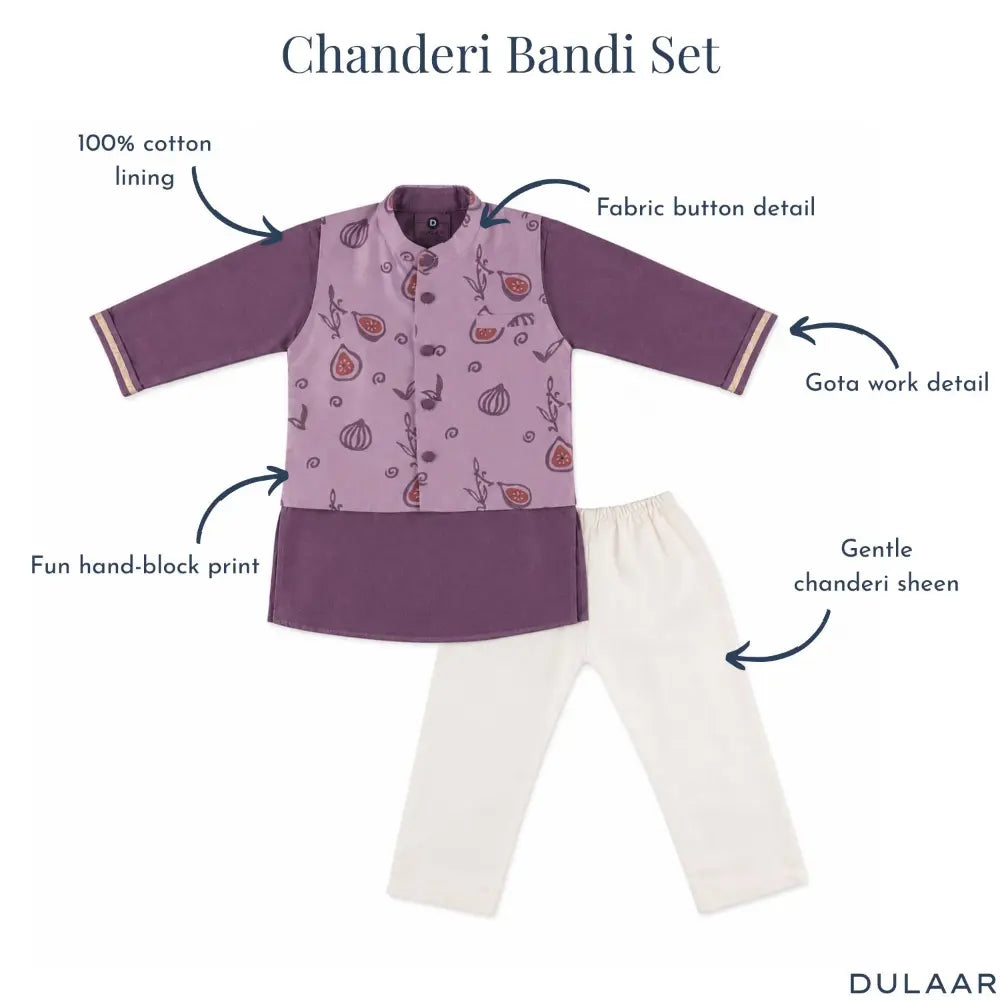 Dulaar Chanderi Kurta Pyjama &amp; Bandi Set | Hand-Block Printed - Meetha Anjeer