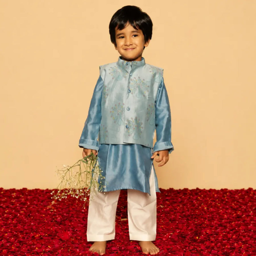 Dulaar Chanderi Kurta Pyjama & Bandi Set | Hand-Block Printed - Dil Mange Mor