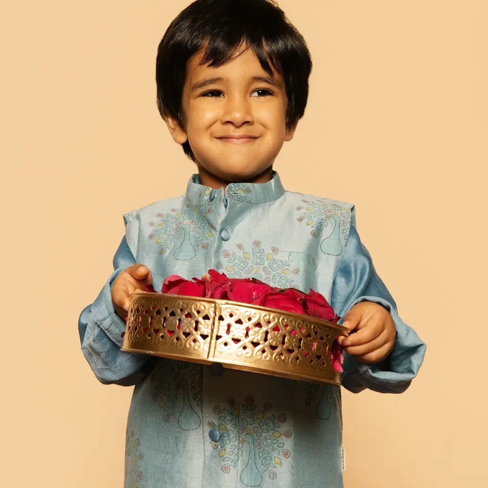 Dulaar Chanderi Kurta Pyjama &amp; Bandi Set | Hand-Block Printed - Dil Mange Mor