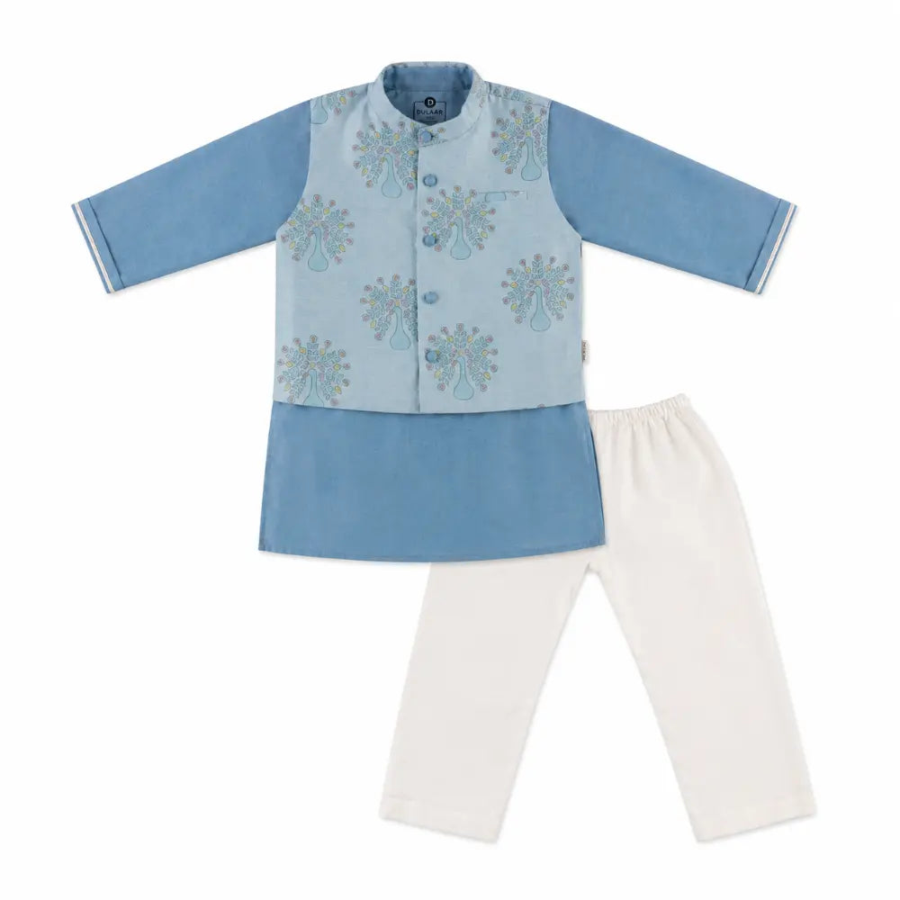 Dulaar Chanderi Kurta Pyjama &amp; Bandi Set | Hand-Block Printed - Dil Mange Mor