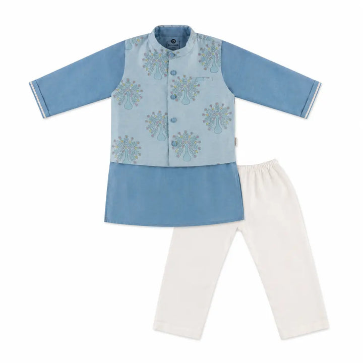 Dulaar Chanderi Kurta Pyjama &amp; Bandi Set | Hand-Block Printed - Dil Mange Mor