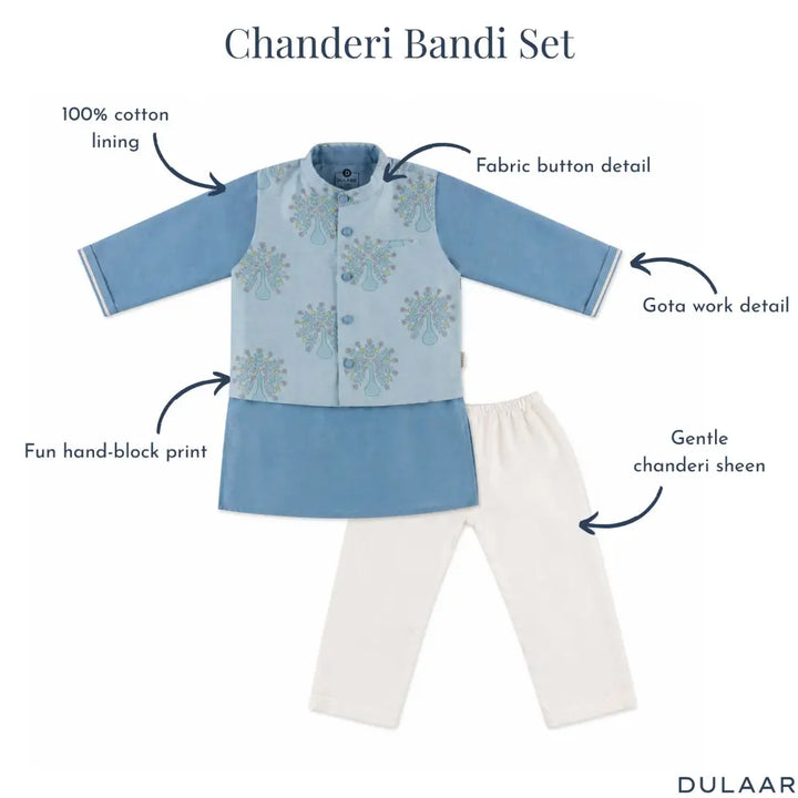 Dulaar Chanderi Kurta Pyjama &amp; Bandi Set | Hand-Block Printed - Dil Mange Mor