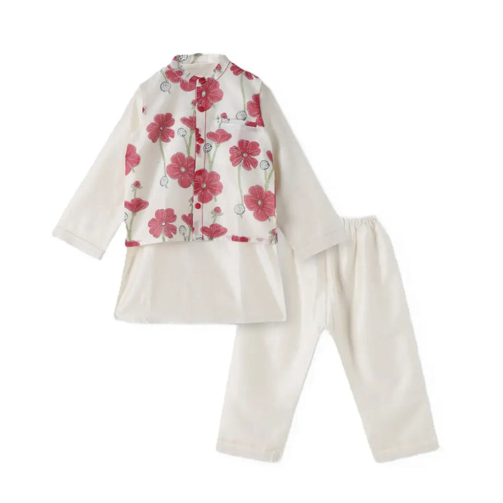 Dulaar Chanderi Kurta Pyjama Bandi Set - Poppy Fields Ruby