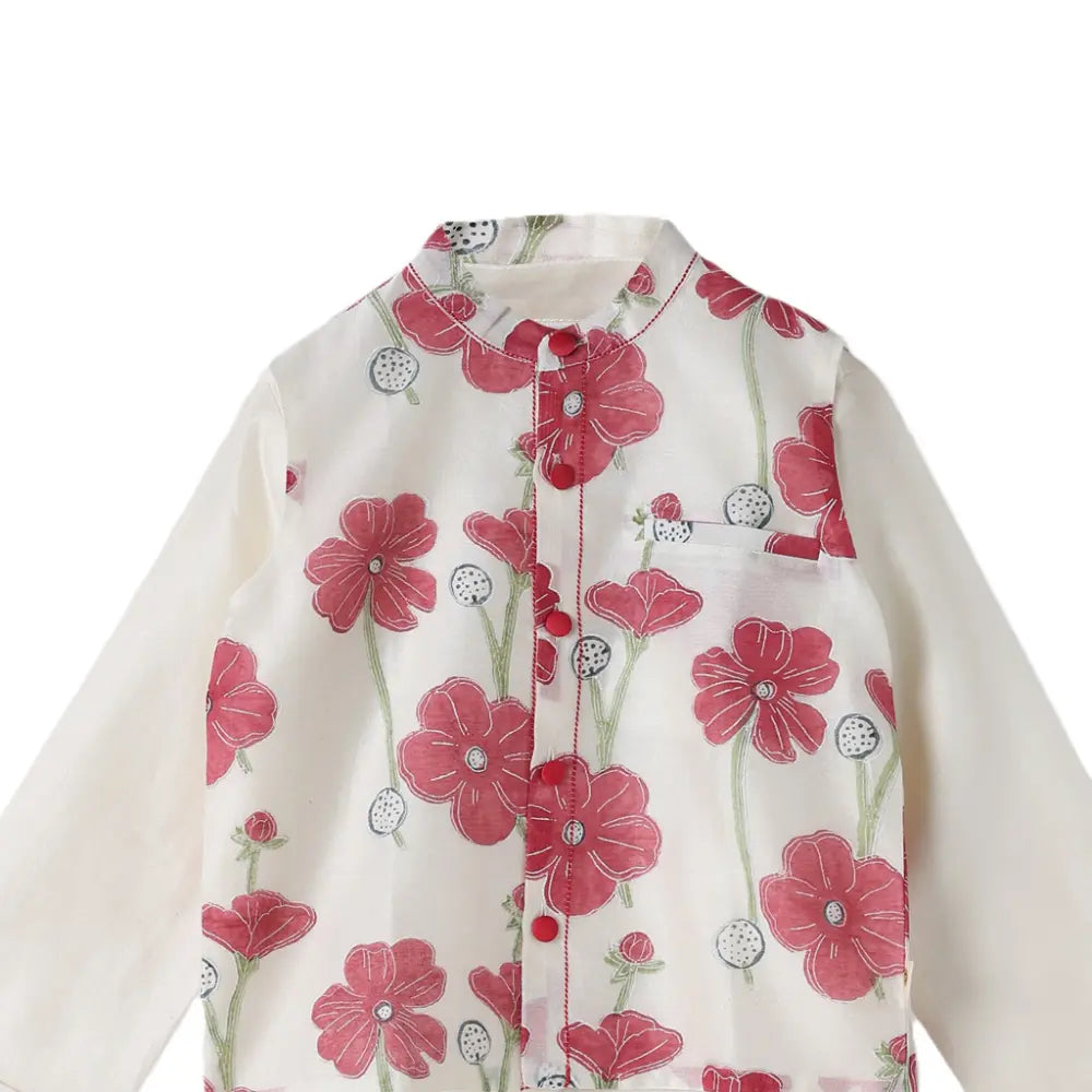 Dulaar Chanderi Kurta Pyjama Bandi Set - Poppy Fields Ruby