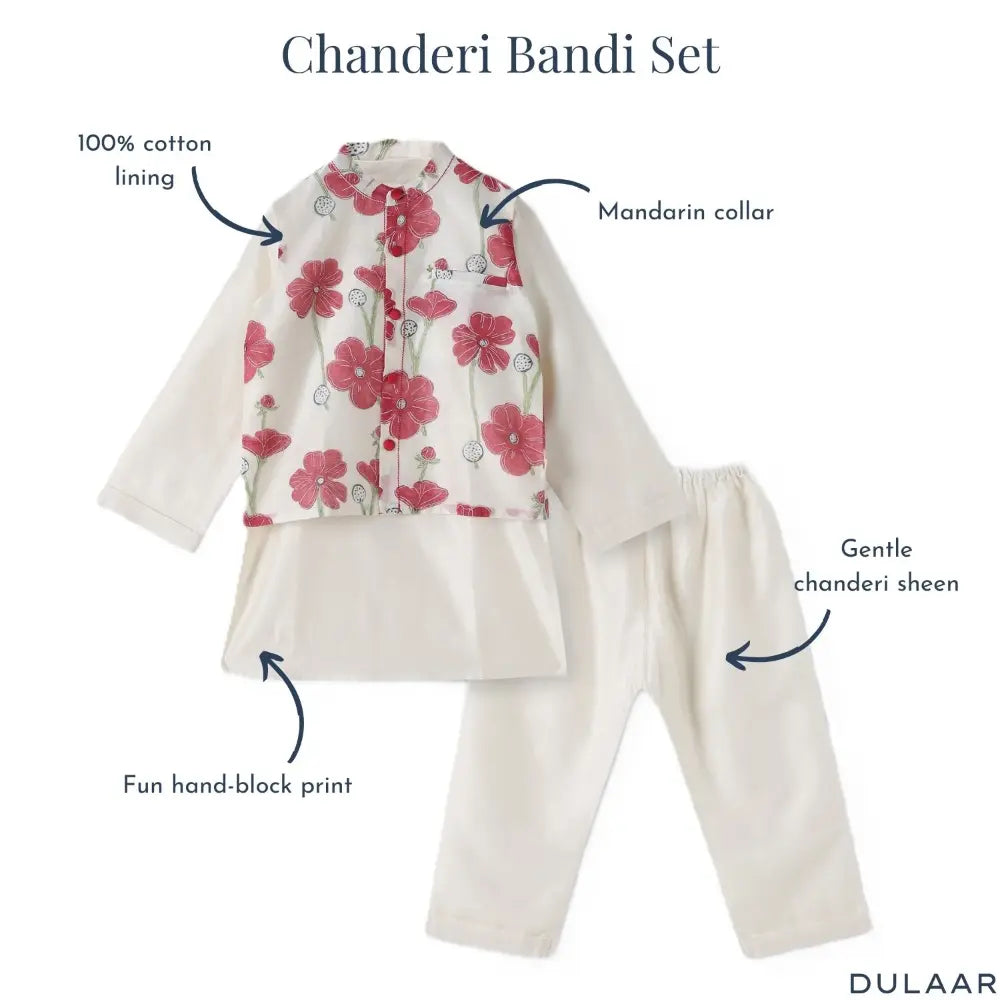 Dulaar Chanderi Kurta Pyjama Bandi Set - Poppy Fields Ruby