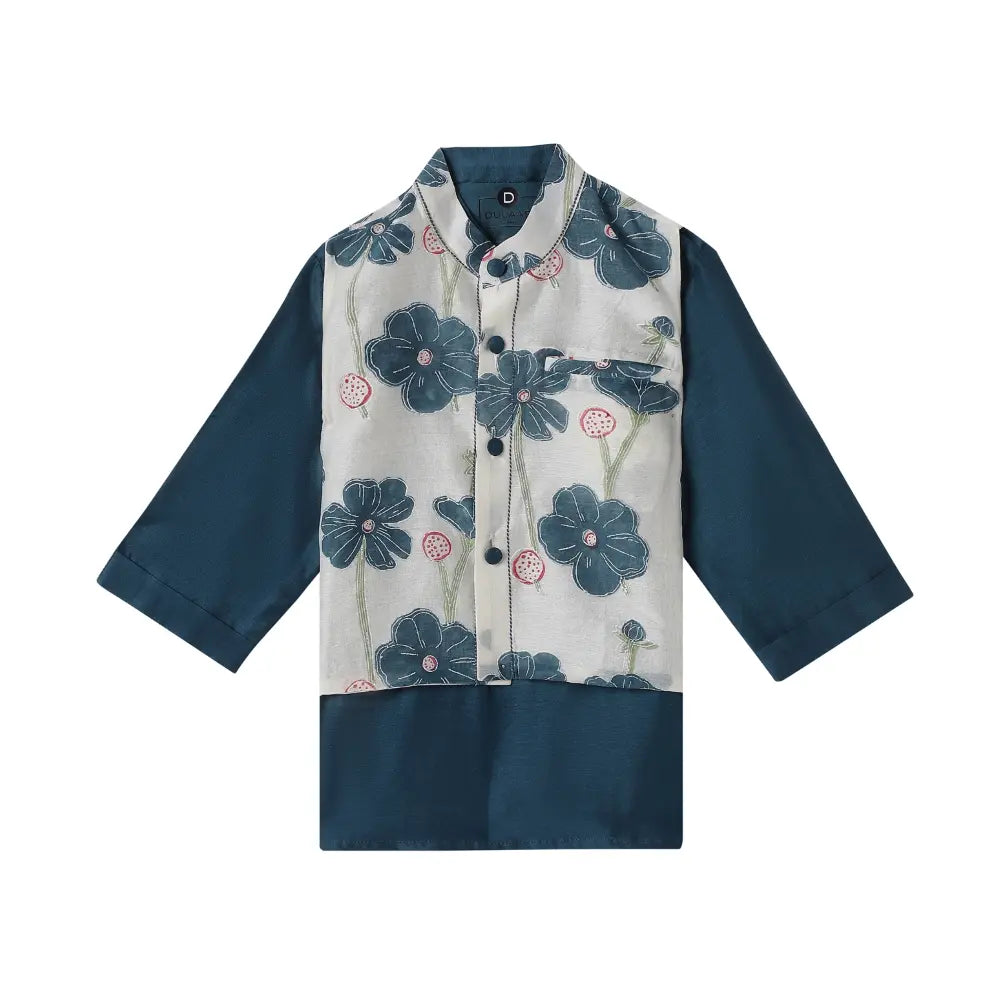 Dulaar Chanderi Kurta Pyjama Bandi Set - Poppy Fields Sapphire