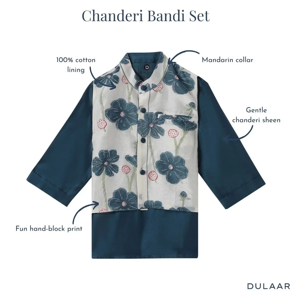Dulaar Chanderi Kurta Pyjama Bandi Set - Poppy Fields Sapphire
