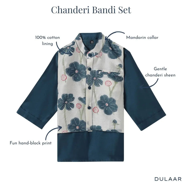 Dulaar Chanderi Kurta Pyjama Bandi Set - Poppy Fields Sapphire