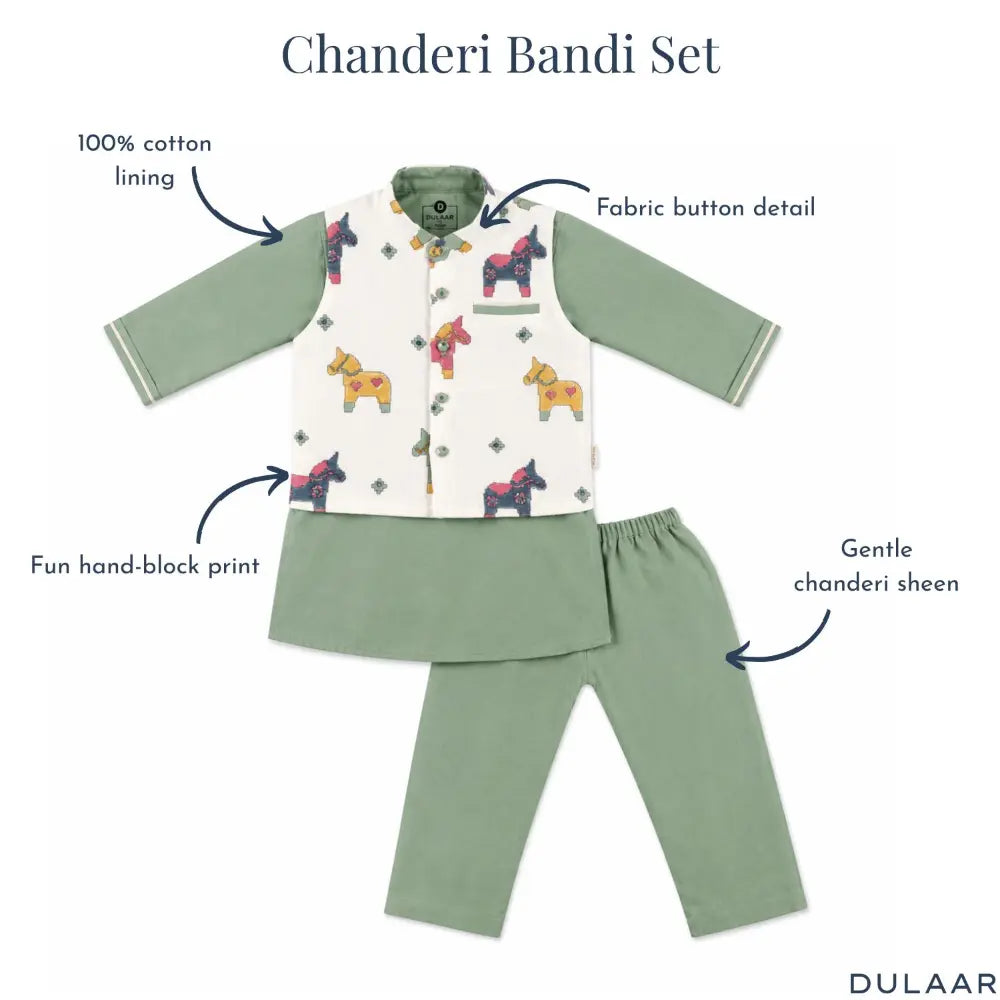 Dulaar Chanderi Kurta Pyjama &amp; Bandi Set | Hand-Block Printed - Tuk Tuk Ghoda