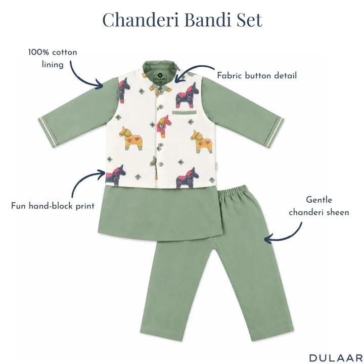 Dulaar Chanderi Kurta Pyjama &amp; Bandi Set | Hand-Block Printed - Tuk Tuk Ghoda
