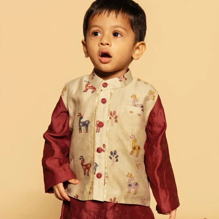 Dulaar Chanderi Kurta Pyjama &amp; Bandi Set | Hand-Block Printed (Gota Work) - Happy Hiran
