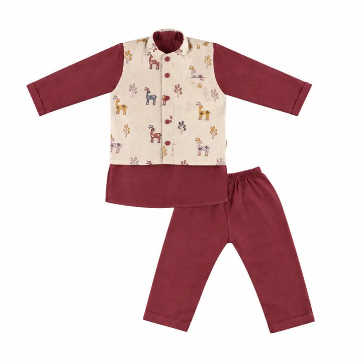 Dulaar Chanderi Kurta Pyjama &amp; Bandi Set | Hand-Block Printed (Gota Work) - Happy Hiran
