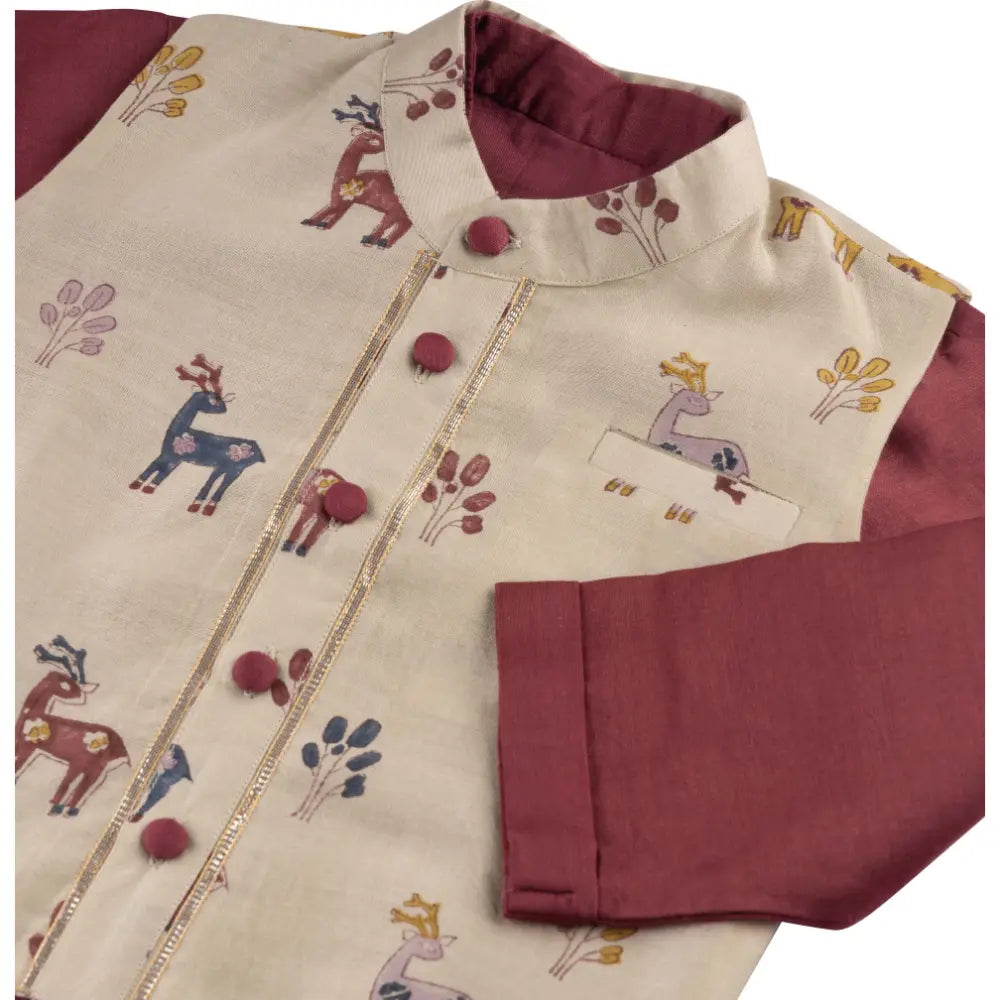 Dulaar Chanderi Kurta Pyjama &amp; Bandi Set | Hand-Block Printed (Gota Work) - Happy Hiran