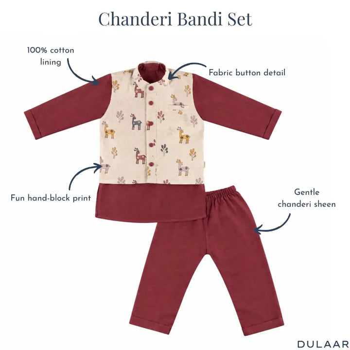 Dulaar Chanderi Kurta Pyjama &amp; Bandi Set | Hand-Block Printed (Gota Work) - Happy Hiran