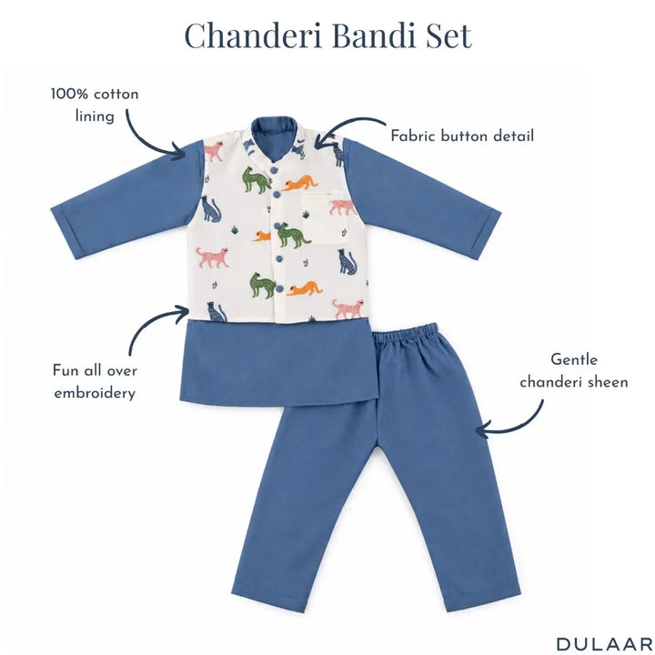 Dulaar Chanderi Kurta Pyjama &amp; Bandi Set | Embroidered - Panther Party