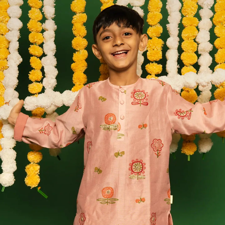 Dulaar Chanderi Kurta Pyjama Set | Hand-Block Printed (Zardosi Booti Work) - Phool aur Titli