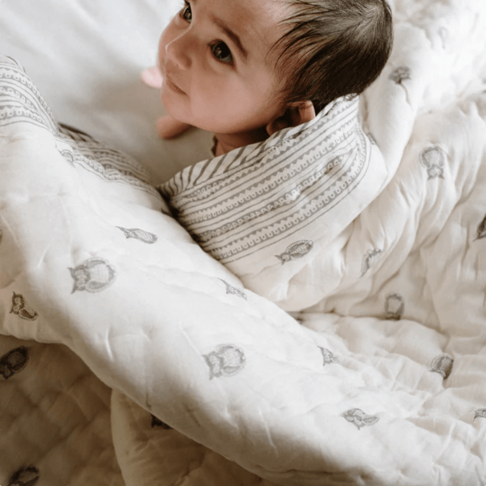 Raamae Block Printed Baby Quilt - Owl
