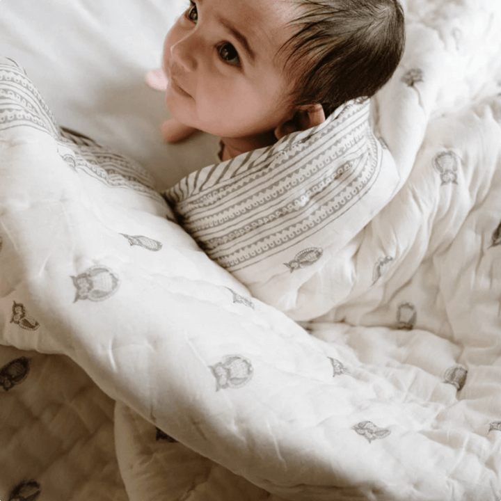 Raamae Block Printed Baby Quilt - Owl
