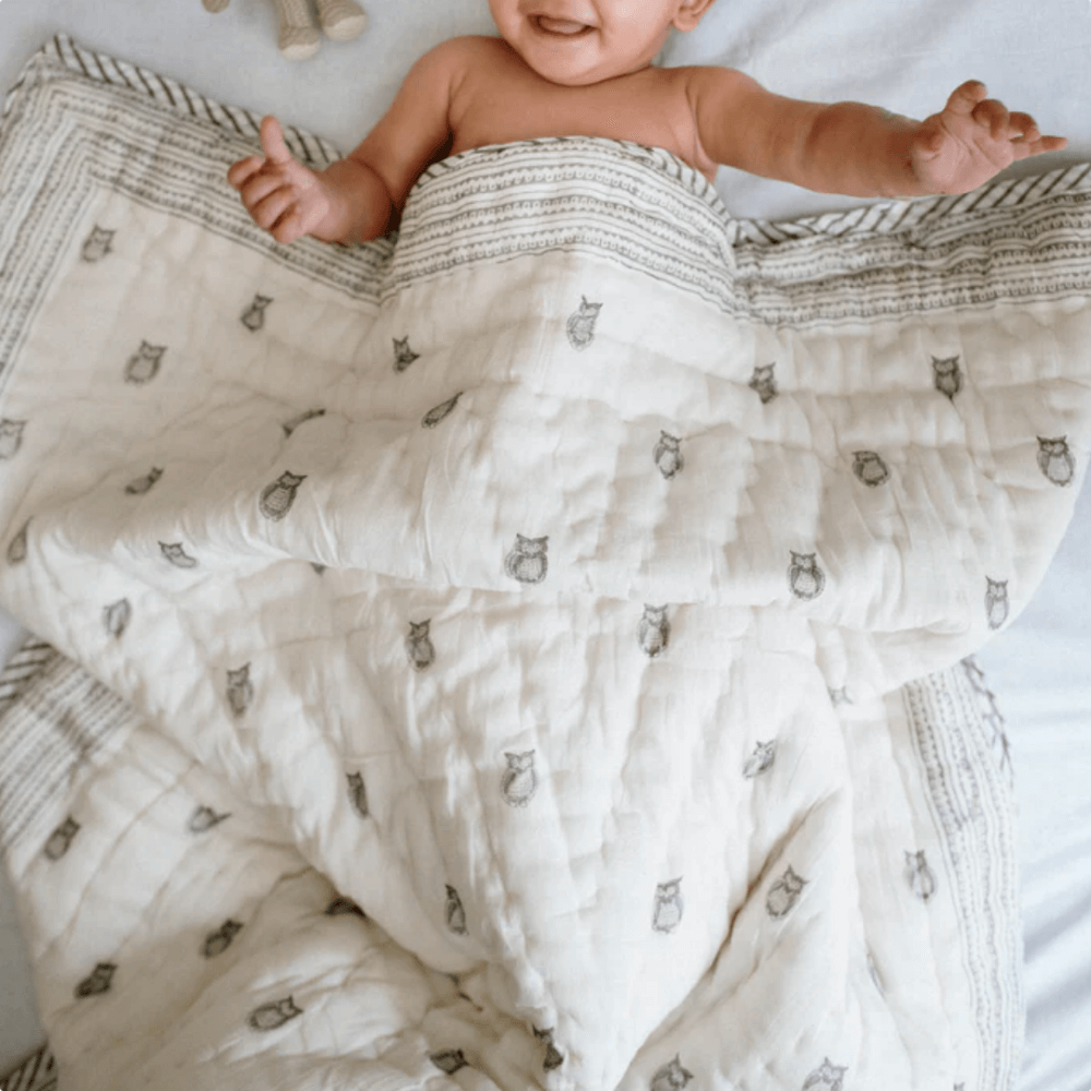 Raamae Block Printed Baby Quilt - Owl