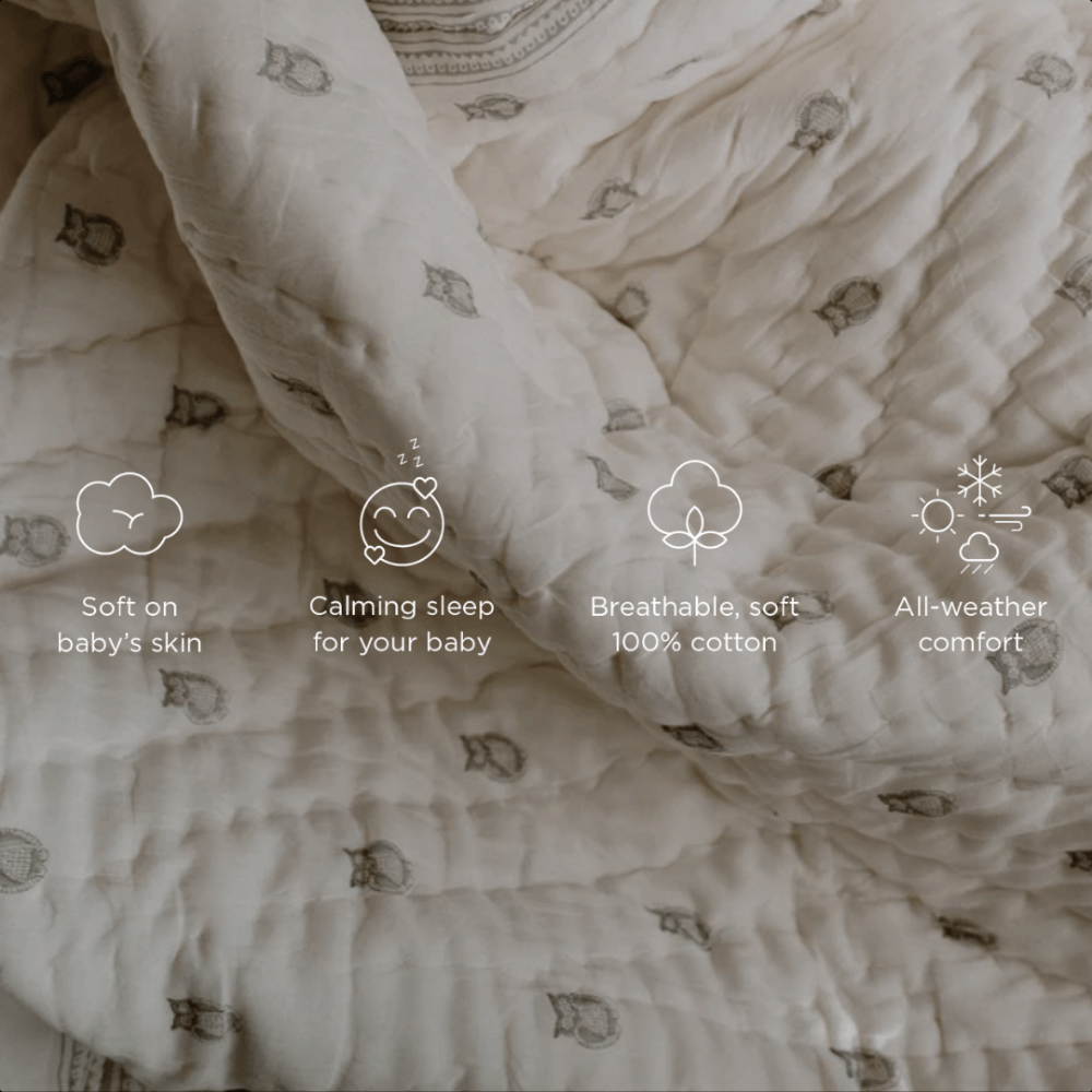 Raamae Block Printed Baby Quilt - Owl