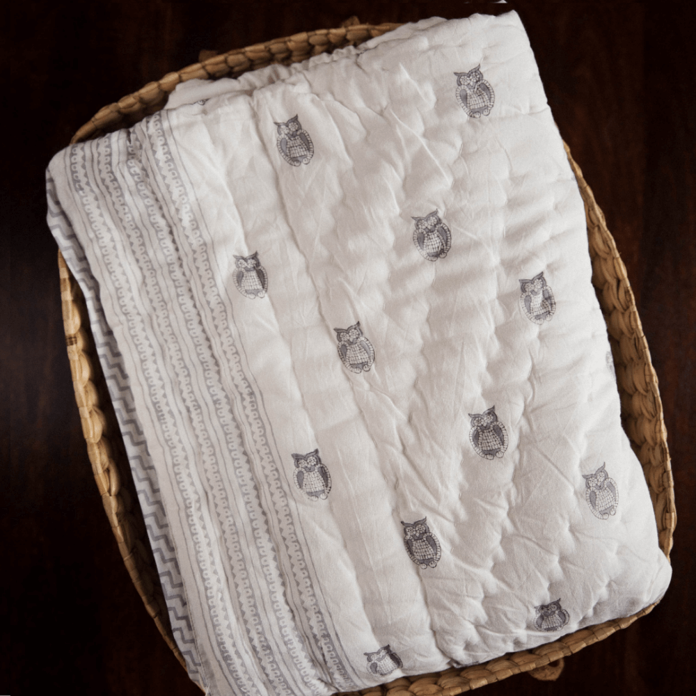 Raamae Block Printed Baby Quilt - Owl