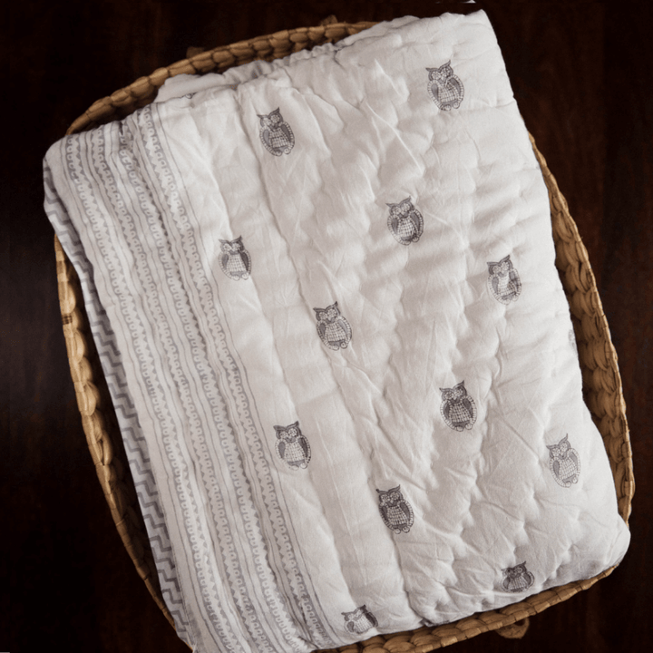 Raamae Block Printed Baby Quilt - Owl