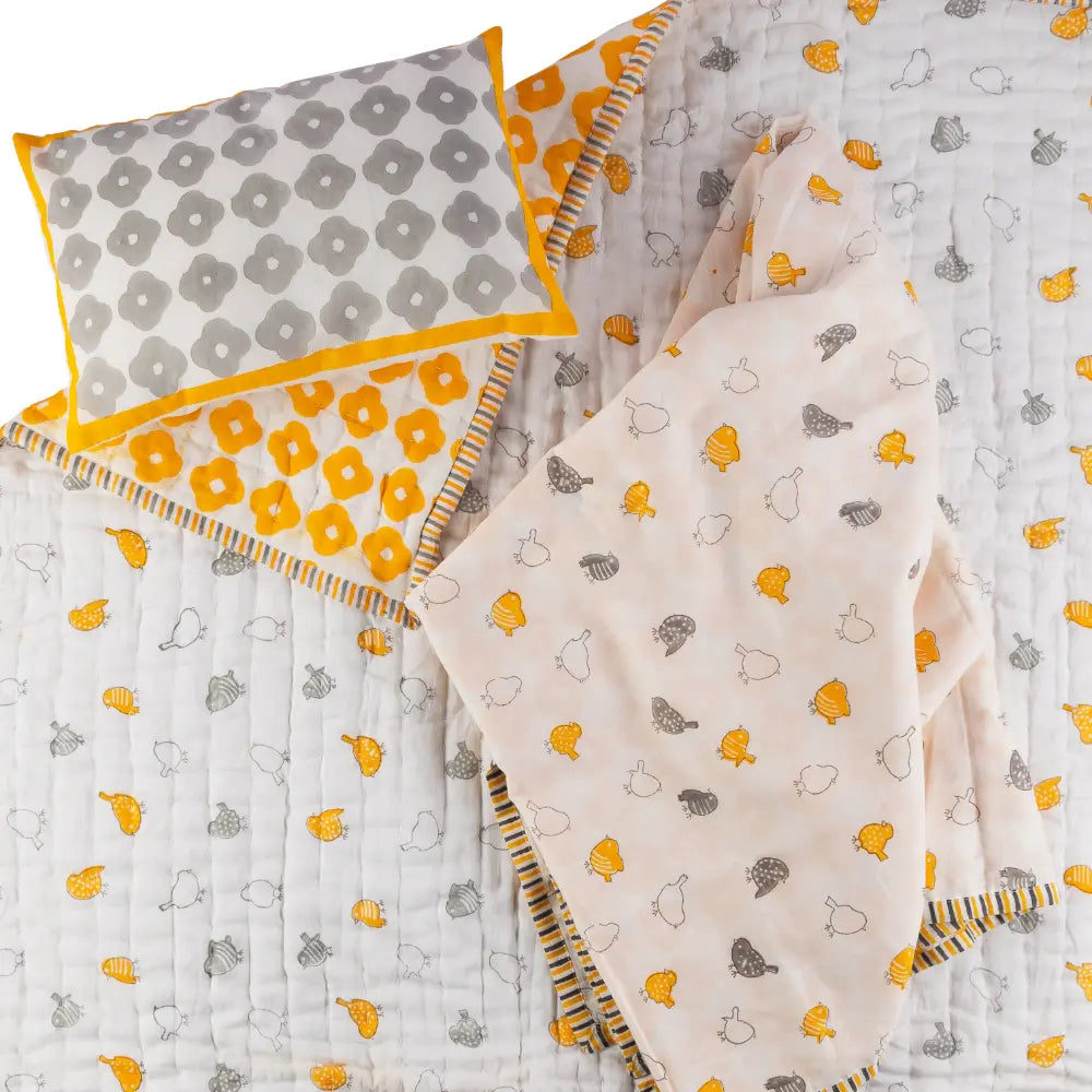 Dulaar Mulmul Bedding Set | Hand-Block Printed - Birds of a Feather