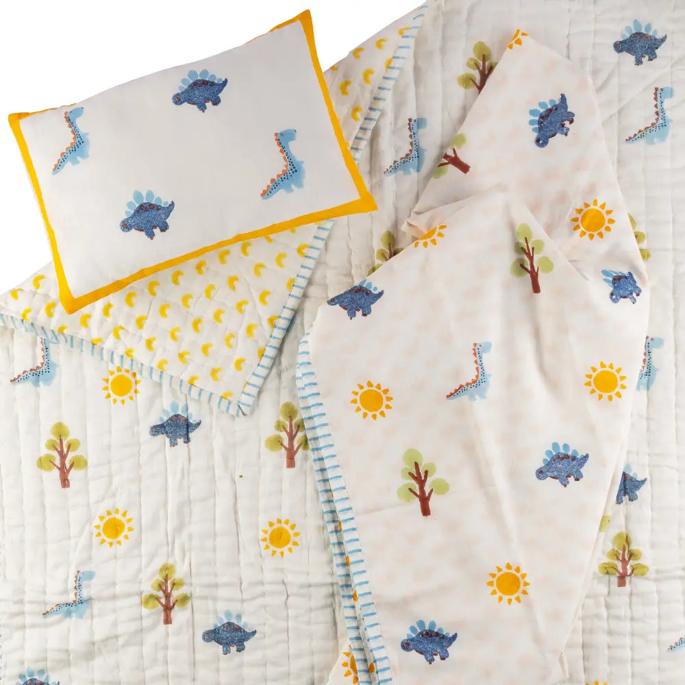 Dulaar Mulmul Bedding Set | Hand-Block Printed - A Day with Dinos