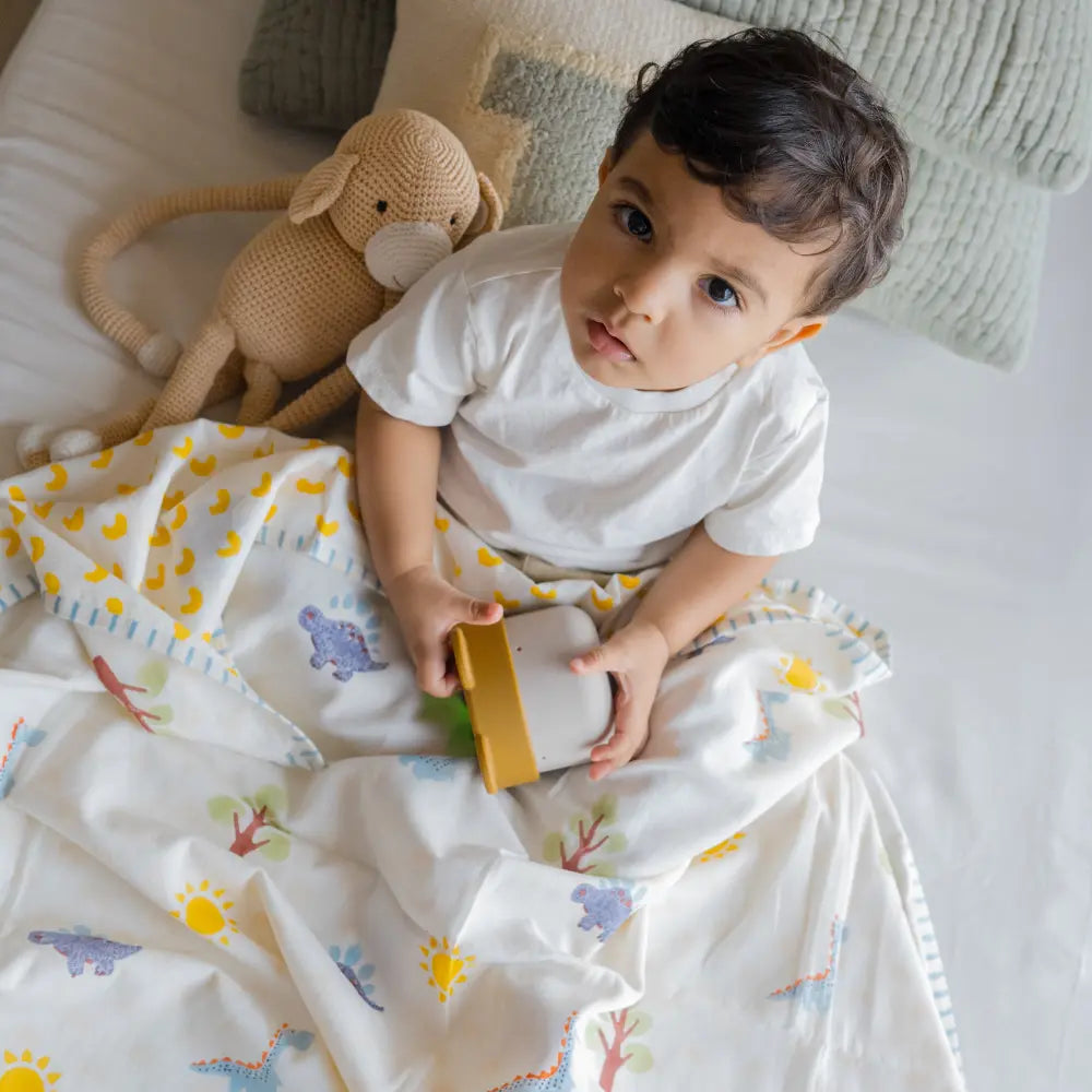 Dulaar Mulmul Bedding Set | Hand-Block Printed - A Day with Dinos