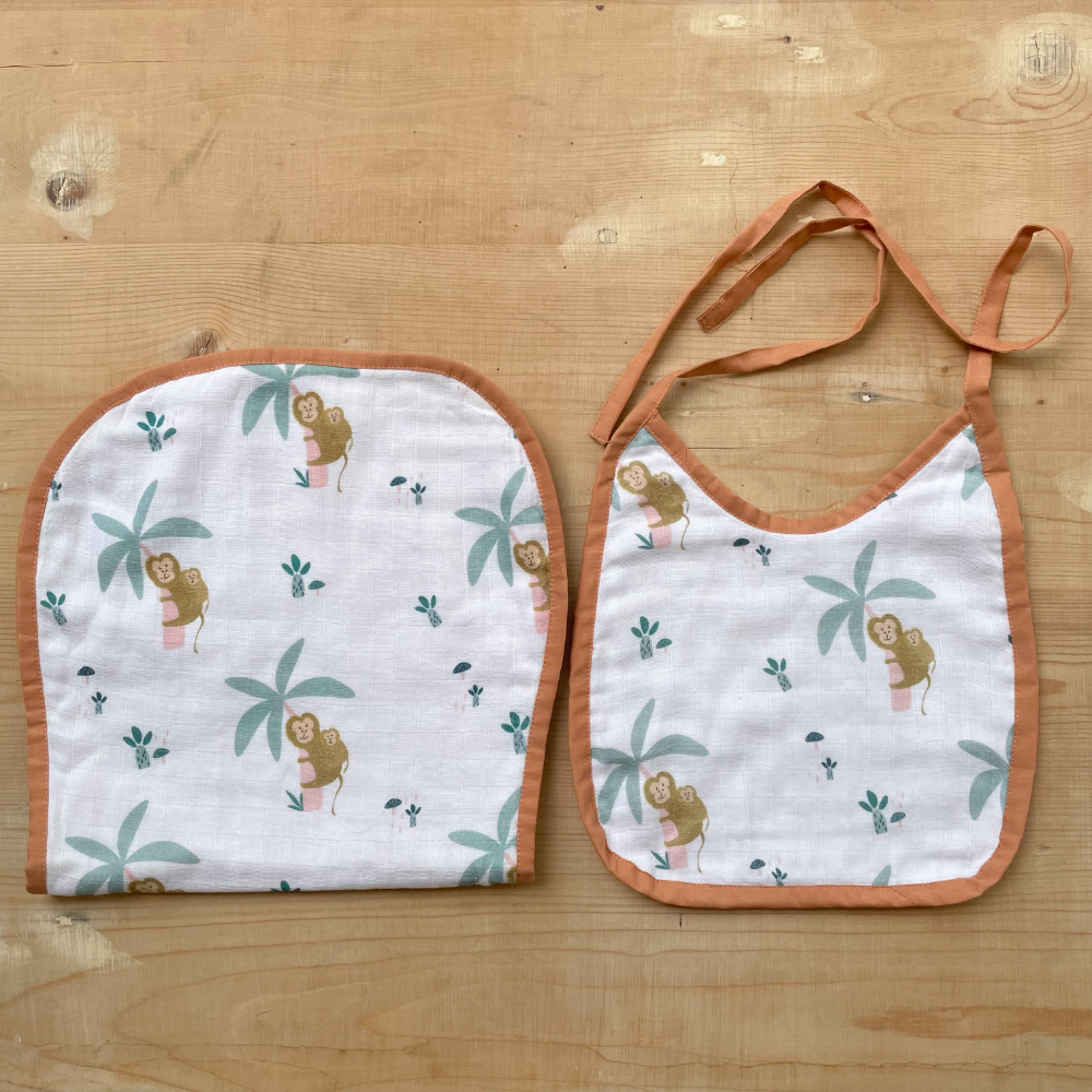 Bhaakur Infant Bib and Burp Cloth Set- Monkey Print