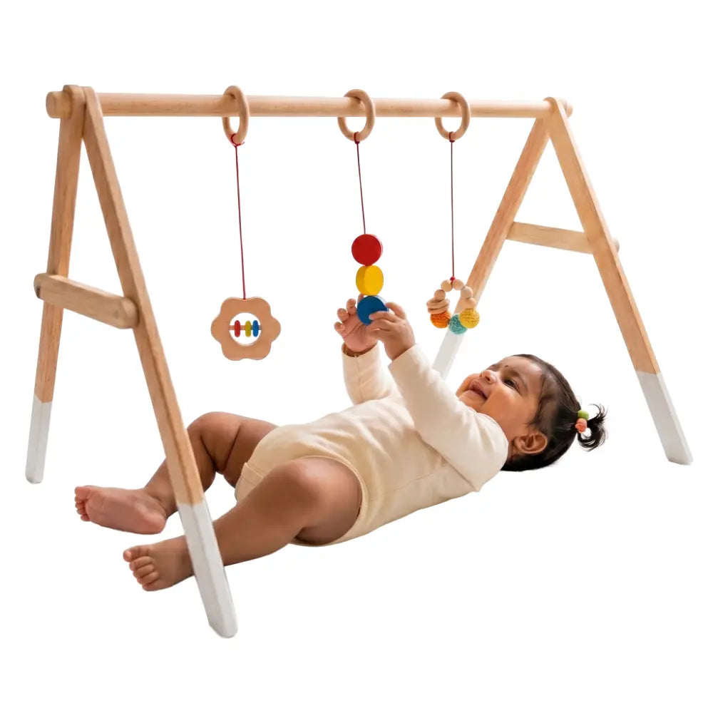 Shumee Wooden Montessori Baby Play Gym | Foldable Neem Wood Activity Gym with 3 Hanging Sensory Toys | Infant Development Toy | 0+ Months