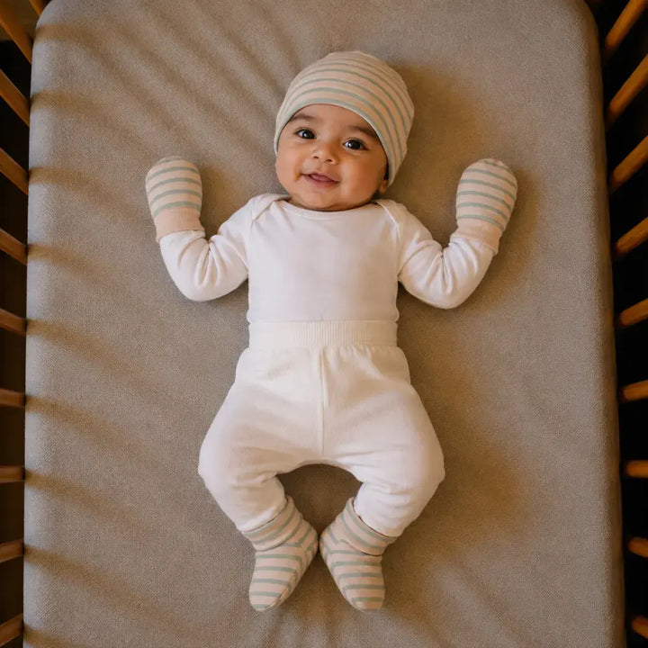 Prekies Newborn Cotton Cap, Mittens &amp; Booties Set - Olive Green