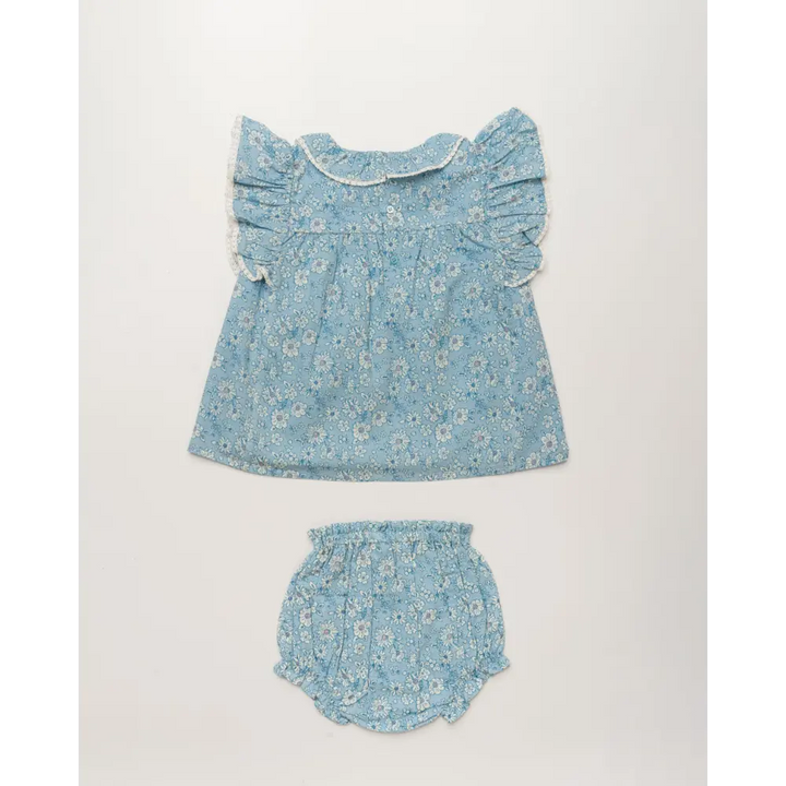Early Sunday Vicky Baby Dress &amp; Bloomer Set - Tonal Floral Blue Print