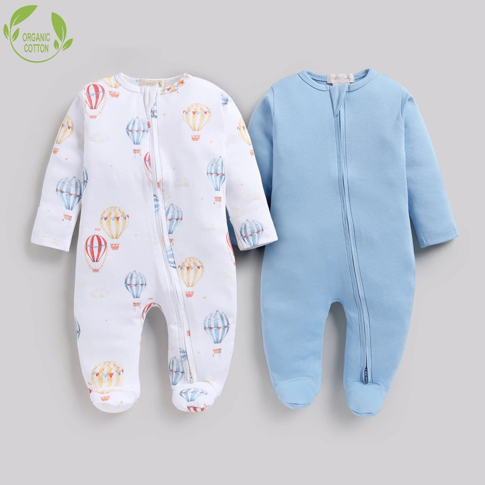 Cot &amp; Candy Baby Organic Footed Zipsuit - Baloon Print + Air Blue
