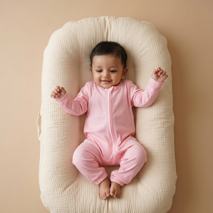 Bubz Bamboo Baby Zipsuit - Two-Way Zip Sleepsuit - Ribbed Cotton Candy Pink