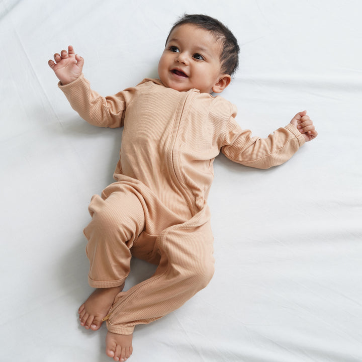Bubz Bamboo Baby Zipsuit - Two-Way Zip Sleepsuit - Ribbed Caramel Brown