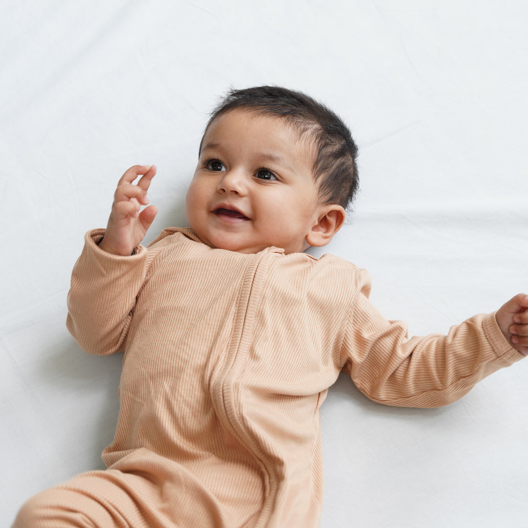 Bubz Bamboo Baby Zipsuit - Two-Way Zip Sleepsuit - Ribbed Caramel Brown