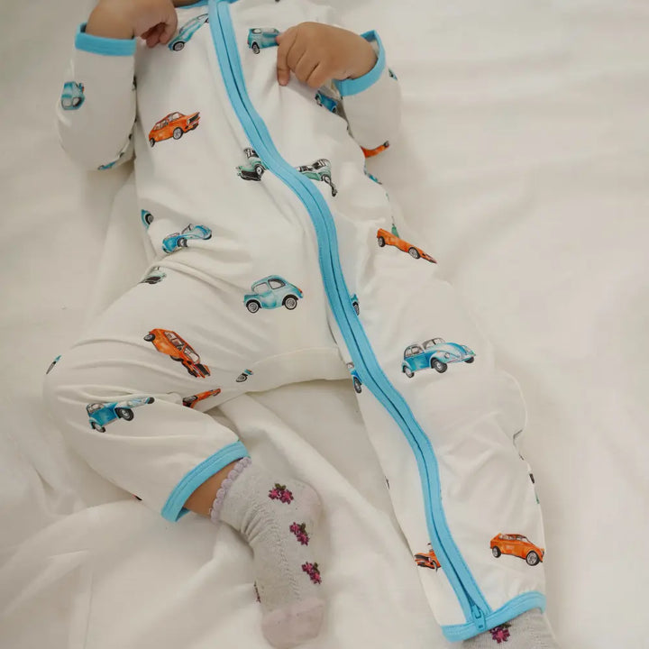 Bubz Bamboo Baby Zipsuit - Vintage Wheels