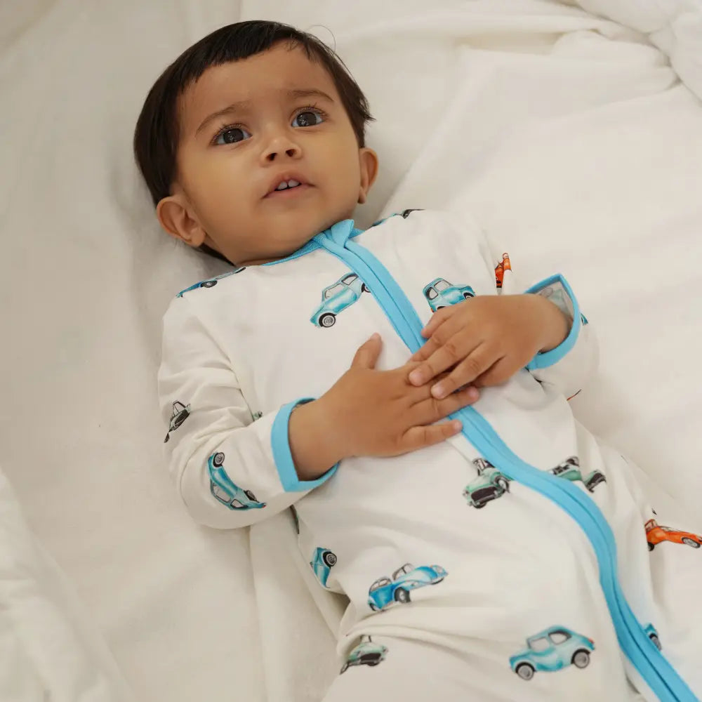 Bubz Bamboo Baby Zipsuit - Vintage Wheels