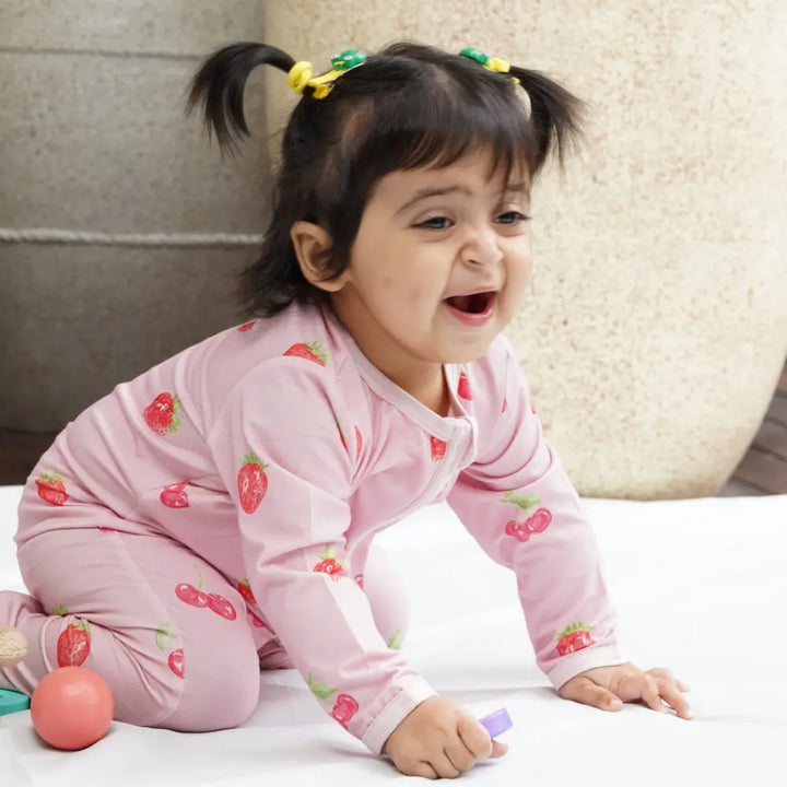 Bubz Bamboo Baby Zipsuit - Two-Way Zip  Sleepsuit - Cherry Charm