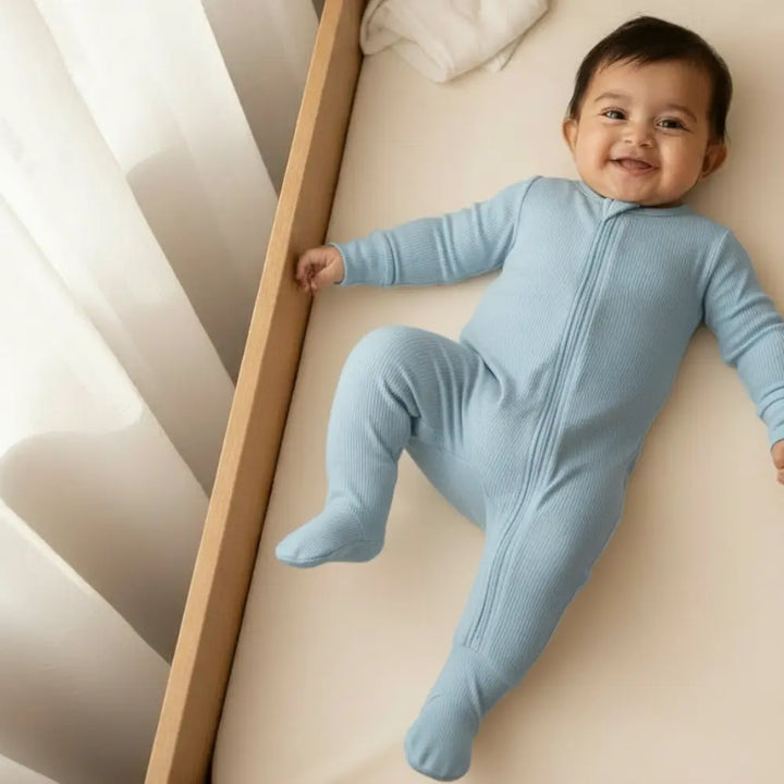 Bubz Bamboo Baby Zipsuit - Two-Way Zip Sleepsuit - Ribbed Powder Blue