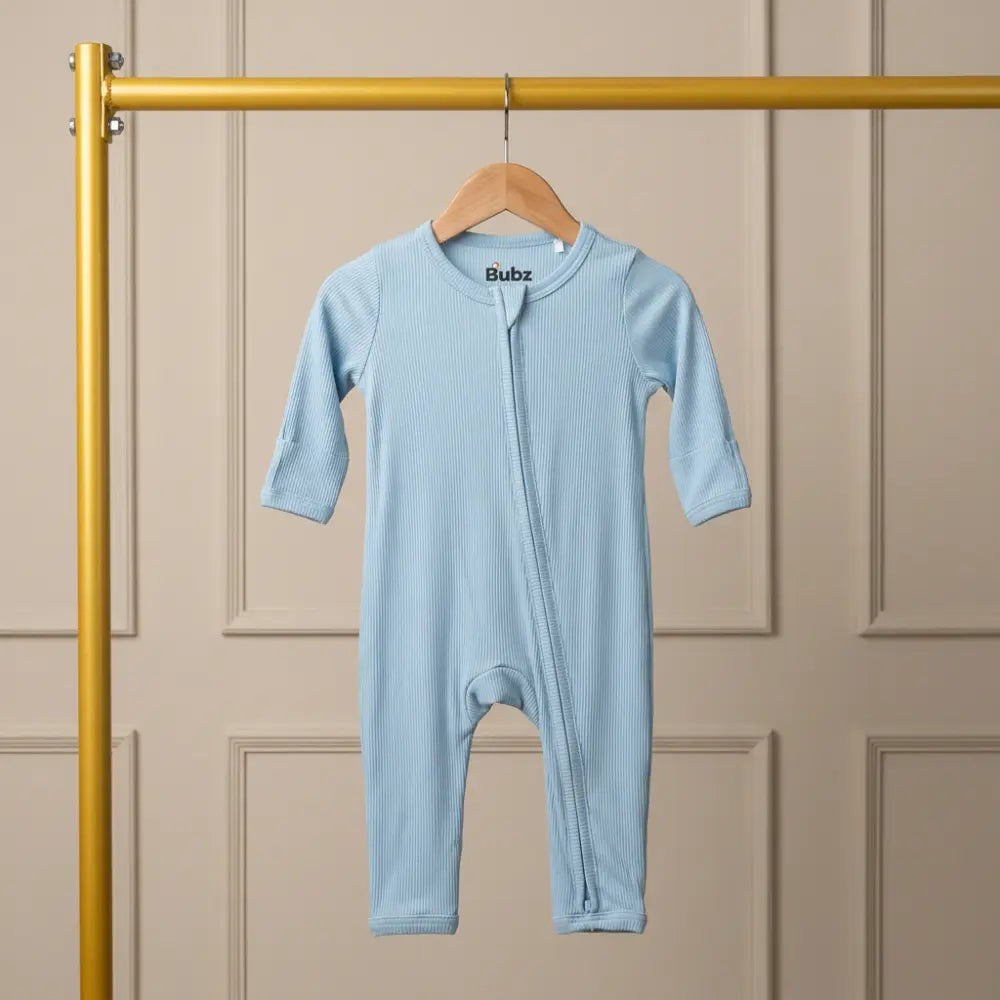 Bubz Bamboo Baby Zipsuit - Two-Way Zip Sleepsuit - Ribbed Powder Blue