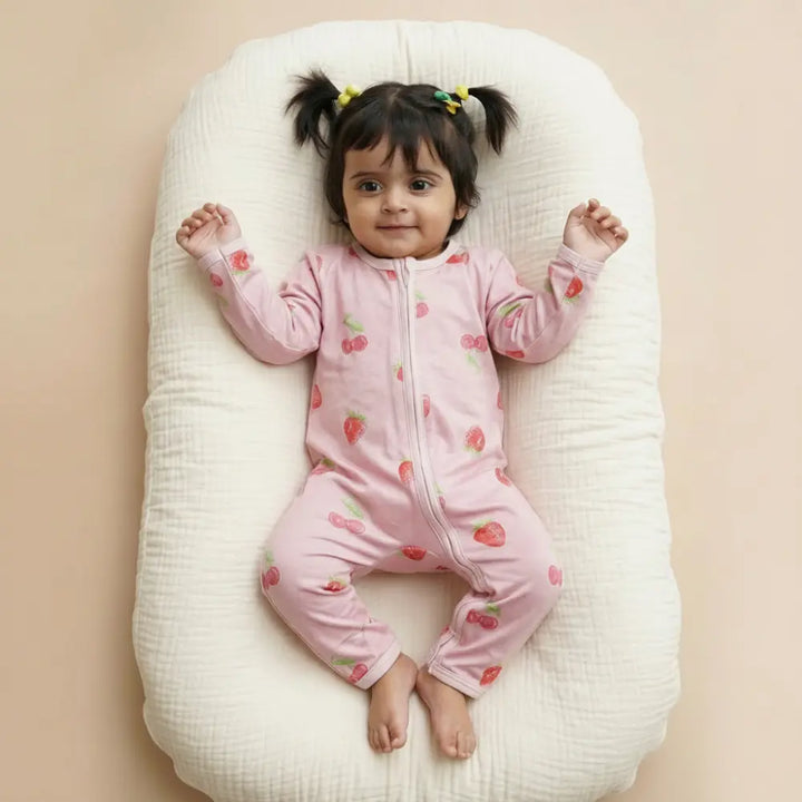 Bubz Bamboo Baby Zipsuit - Two-Way Zip  Sleepsuit - Cherry Charm