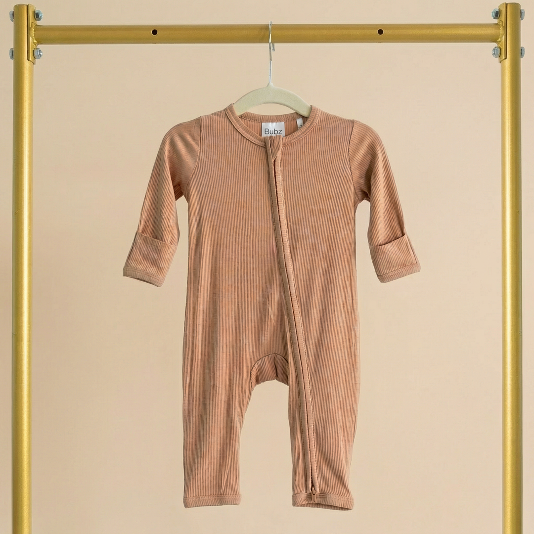 Bubz Bamboo Baby Zipsuit - Two-Way Zip Sleepsuit - Ribbed Caramel Brown