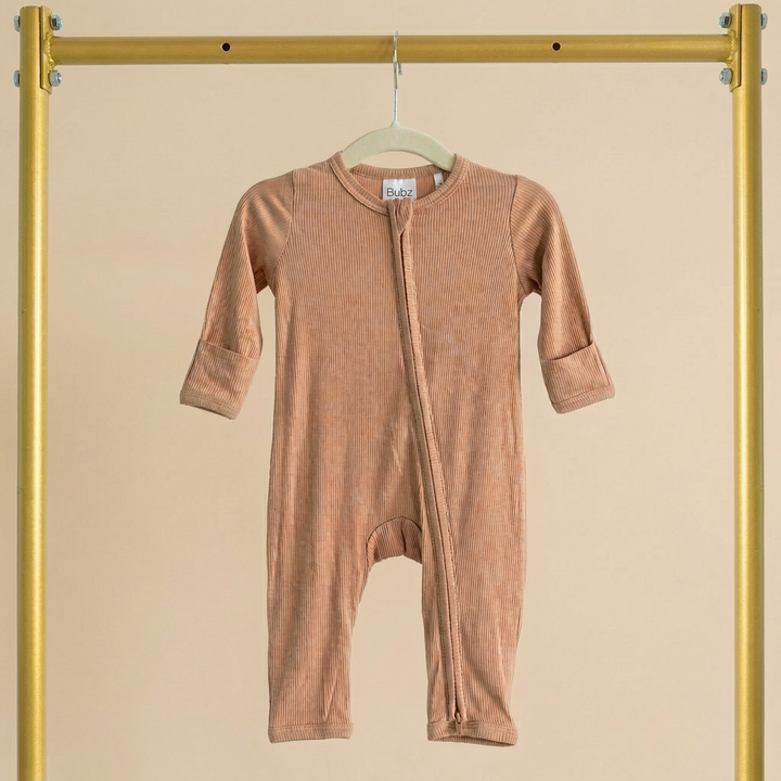 Bubz Bamboo Baby Zipsuit - Two-Way Zip Sleepsuit - Ribbed Caramel Brown