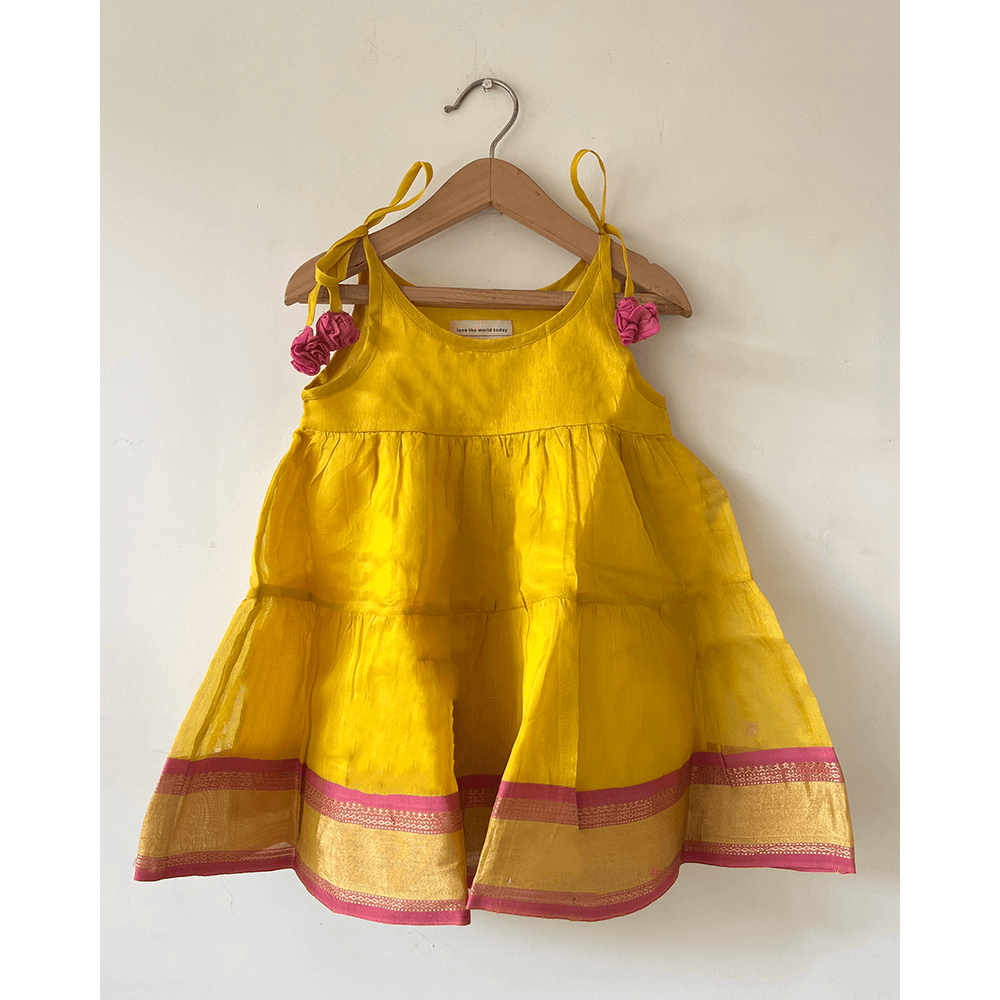 Love The World Today Basant Handwoven Cotton Silk Tiered Festive Infant Dress - Yellow
