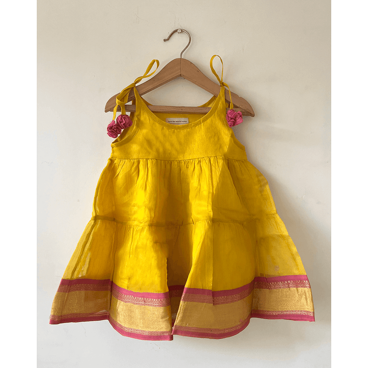 Love The World Today Basant Handwoven Cotton Silk Tiered Festive Infant Dress - Yellow