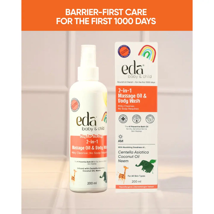Eda Baby &amp; Child Play for the Day Cleansing Bath Oil | 2 in 1 Massage Oil &amp; Body Wash | Gentle Formula | Moisturizing Bath Oil for Sensitive Skin