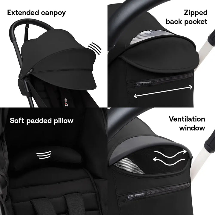 Stokke YOYO3 Stroller | Lightweight Compact Travel Stroller for Babies | Cabin Friendly &amp; Foldable | UPF 50+ Sun Protection | 5 Point Safety Harness | Award Winning Design | YOYO Stroller India | 6 Months to 4 Years - Black/Black